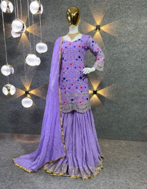 purple top - heavy faux georgette with heavy 5mm sequence work with full sleeve with latkan dori | inner - heavy micro cotton | length - 35-36 inch | sharara - heavy faux georgette with fully flair | plazzo inner - heavy micro cotton | plazzo length - 41-42 inch (fully stitched) | dupatta - heavy faux georgette 5mm embroidery sequence work lace border fancy border work   fabric embroidery  work ethnic 