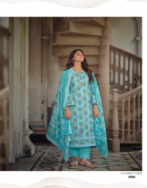 sky top - lawn cotton with khaddi and foil printing & fancy embroidery work | bottom - cotton solid | dupatta - mal mal cotton with digital khadi  fabric embroidery  work festive 