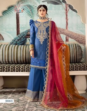 sky top - rayon cotton with heavy embroidery | bottom / inner - reyon | dupatta - banarasi jacquard (pakistani copy) fabric embroidery  work wedding 