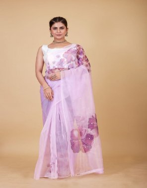 baby pink soft organza handwork (khatli) work sarees | digital printed | blouse - banglory satin  fabric handwork work wedding 