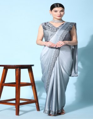 grey saree - ombre satin georgette with stone (swarovski) border | blouse - sparkled stone (swarovski) work on satin georgette | size - 38 ready | 2-2 inch margin extended to 42 | sleeves inside  fabric embroidery  work wedding 