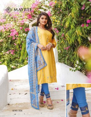 yellow top - heavy rayon or cotton embroidery work and hand work touchup | bottom - comfortable lycra pents with embroidery work handwork | dupatta - mail print  fabric embroidery  work festive 