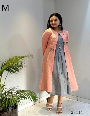 peach katha cotton (self design) | sleeve less frock + removable jacket (size set) fabric embroidery  work ethnic 