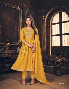 yellow top - airjet rayon with fancy embroidery work naira style | bottom - airjet rayon with fancy embroidery work pant | dupatta - naznin with four side border  fabric embroidery  work wedding 
