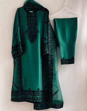 dark green top - heavy fox georgette |sleeves - full sleeves with fancy embroidery work | inner - micro cotton | pant - heavy buttersilk | dupatta - soft organza with heavy embroidery work (2.1 mtr ) | pant length - 43-44 inch | top size - xl full stitched with xxl margin  fabric embroidery  work ethnic 