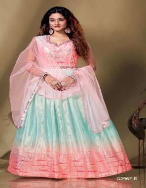 baby pink chinnon crush fabric | hand embroidered neck + belt with handwork / chinnon with sprangle and print work | size - 40 ready 3-3 inch margin extended 46| sleeves - inside  fabric embroidery  work festive 