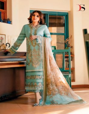 sky top - cotton with heavy self embroidery & various embroidery patches | bottom - cotton solid | dupatta - chiffon print (pakistani copy) fabric embroidery  work wedding 