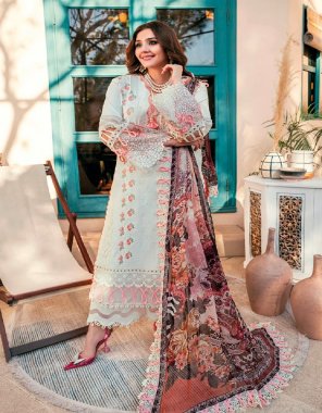 sky top - cotton with heavy self embroidery & various embroidery patches | bottom - cotton solid | dupatta - cotton mal mal print (pakistani copy) fabric embroidery  work wedding 