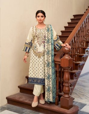 cream top - cembric cotton pakistani print with fancy self embroidery | bottom - cotton solid | dupatta - cotton digital style print  fabric printed  work ethnic 