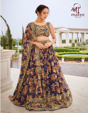 navy blouse - faux georgette digital print | dupatta - faux georgette digital print 2.50 mtr | lehenga - pure faux georgette digital print | work - beautiful embroider with sequence thread work | lehenga flair - 3.5 mtr with embroidery work  fabric embroidery  work wedding 