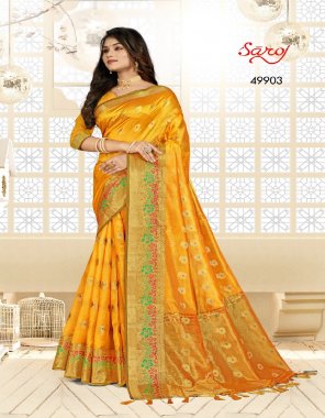 yellow soft organza weaving saree with unstitched blouse piece  fabric weaving  work festive 