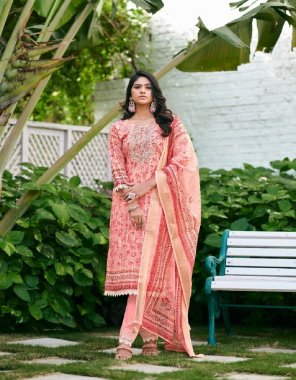 peach top - cotton lilen with pure digital and embroidery nack and khatli work mirror nack and full cotton mal inner | bottom - heavy airjet rayon with embroidery work lace pant | dupatta - cotton lilen with pure digital  fabric embroidery  work festive 