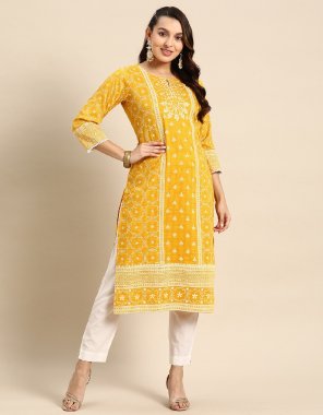 yellow poly cotton | floral printed | embroidered | round neck | sleeve - 16