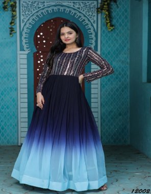 navy faux blooming with sequins work and rich digital print | length - 56 inch | flair - 4 mtr | lining - cotton (full inner top to bottom) | sleeves - full sleeves  fabric printed  work wedding 