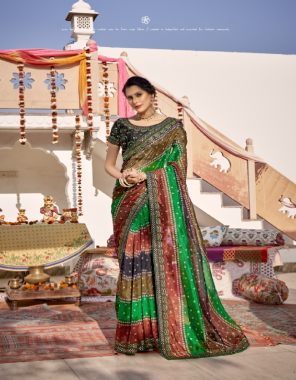 green digital bandhani organza printed with heavy velvet multi - sequence border and blouse  fabric printed work work casual 