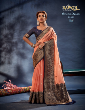 blue  banarashi organza silk with contrash blouse and pallu  fabric jaquard work work running  