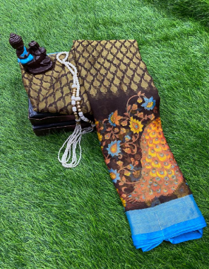 sky blue  printed brasso silk saree with unstitch blouse  fabric printed work work festive  