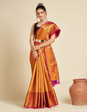 orange  banarshi saree fabric jacquard work  work running 