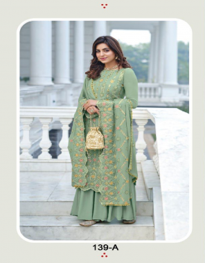 light green  top- heavy faux georgette with embroidary work with fancy mirror stone with daman moti lace i dupatta- heavy faux georgette with embroidary work with fancy mirror stone with daman moti lace i bottom- 2.30 m heavy santoon silk i top inner- heavy santoon without stitching i length- max upto 43