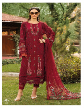 red  top- cotton with heavy self embroidary with hand work i bottom- semi lawn i cotton dupatta with degital print (pakistani copy) fabric hand work work party wear 