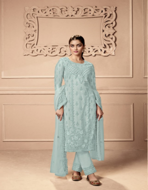 sky blue top- heavy butterfly net with embroidary & ton to ton cording work i bottom- heavy butterfly net heavy japan satin inner with bottom patch work i top inner- heavy japan satin join top i dupatta- heavy two side embroidary ton to ton cording work lace i length- max up to 48