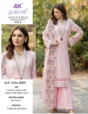 pink  top-cambric cotton with heavy embroidary work i bottom & inner- semi lawn i dupatta- organza with heavy embroidary work  fabric embroidary work work festive  