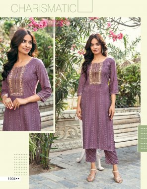 purple rayon with classy gold print i fancy embroidery work i length- 44