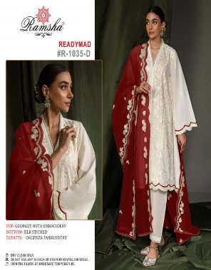 white top- georgette with embroidery i bottom- silk stitched i dupatta- organza embroidery fabric embroidery work work casual 