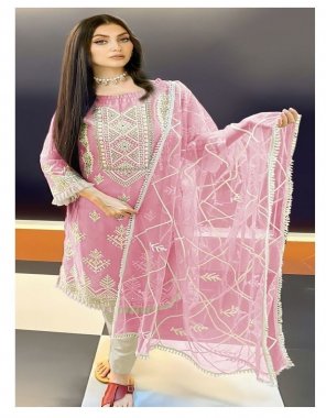 pink top- organza with embroidery & handwork work with santoon inner i bottom- cotton lycra stitched pant style i dupatta- net with embroidery sttached with four side lace ( pakistani copy) fabric handwork work casual 