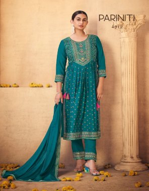 sky blue top- heavy airjet rayon print with fancy embroidery nack and khatli handwork mirror nack and naira cut i bottom- heavy airjet rayon with lace border pant i dupatta- chinon with four side border fabric embroidery work work festive  