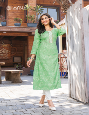 green capsule printed kurti with embroidery work fabric embroidery work work casual 