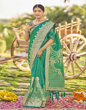 green fabric- banarasi silk ( banarasi jari ) i blouse fabric- malai satin i blouse work- embroidery i saree- 5.50 m i blouse- 1.20 m  fabric embroidary work work running 