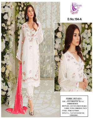 white top- fox georgette heavy embroidered i bottom- cotton stretchable fabric with embroidery pach i inner- pure santoon i dupatta- nazmeen designer embroidery fabric embroidery work work party wear 