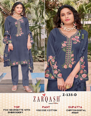 grey top- faux georgette with embroidery i pant- viscose cotton i dupatta- shiffon digital print  fabric embroidery work work running  