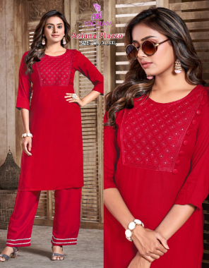 red kurti- rayon with embroidery & mirror work with extra buttons i bottom- rayon plazzo with lace work  fabric mirror work work wedding 
