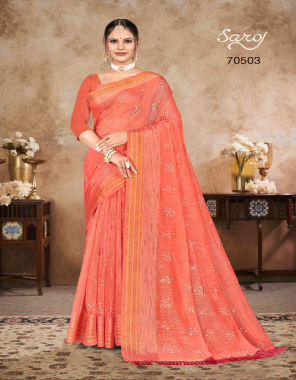 orange  soft cotton heavy foil work saree with unstitched blouse piece  fabric foil work work casual 