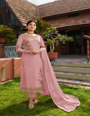 pink top- heavy faux georgette with embroidery work with santoon inner attache i plazzo sleeves- heavy faux georgette with net butterfly with embroidery work i bottom- embroidery work with santoon i bottom- santoon without stitching i dupatta- heavy faux georgette dupatta with embroidery work with embroidery work i length- max upto 46