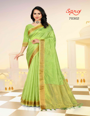 green organza heavy chit pallu saree with unstitched blouse piece  fabric plain work casual 