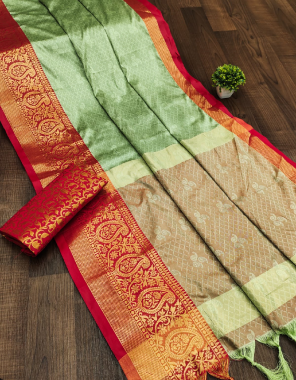 green banarasi silk saree with unstitched blouse  fabric jacuard work work festive  