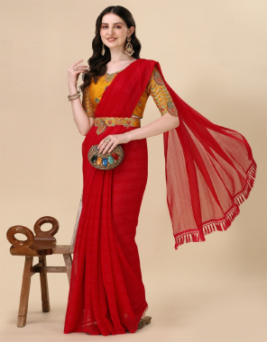 red georgette chiffon zari saree crafted with fancy tassels on pallu i unstitched fusion silk blouse piece crafted with embroidery work along with handwork & swarovski diamonds i saree comes with fancy waist belt to add a glam to your panache i saree- 5.50 m i blouse- 0.9 m  fabric embroidery work work party wear 