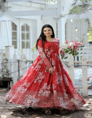 red gown- digital printed faux georgette with embroidery zari sequins-work i length- 56