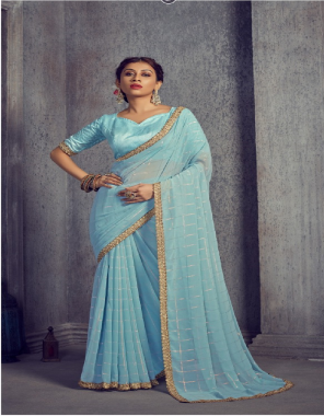 sky blue fancy film zari georgette fabric with heavy border sequince blouse  fabric sequince work work running 