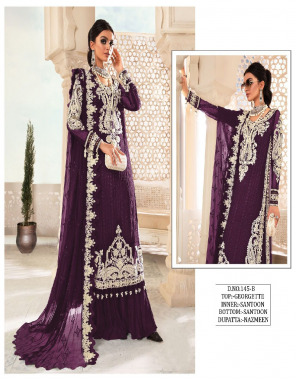 purple top- heavy georgette with sequence embroidery work and diamonds work i dupatta- heavy nazeen with embroidery work i bottom- heavy santoon i inner- santoon i length- 44