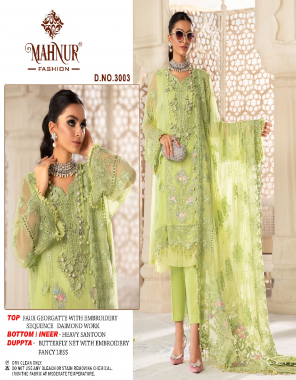 green top- faux georgette with embroidery sequeince diamond work i bottom- heavy santoon i inner- heavy santoon i dupatta- butterfly net with embroidery fancy lace  fabric diamond work  work casual 