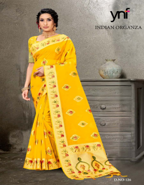 yellow organza weaving saree with dying and fancy hand bursh print with blouse and latakan  fabric hand work work running 