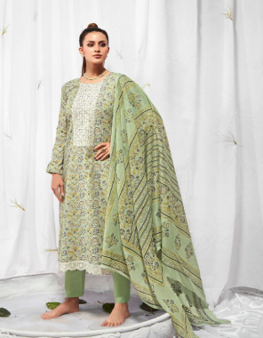 green top- lawn cambric cotton digital print neck & daman embroidery i bottom- cotton dyed i dupatta- lawn cotton box pallu print digital print  fabric embroidery work  work party wear 