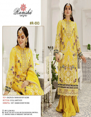 yellow top- orgnaza embroidery work i bottom- dull santoon i dupatta- net embroidery  fabric embroidery work  work party wear 