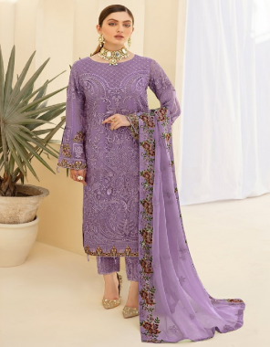purple top- heavy georgette with embroidery work with hand maching moti work i bottom- heavy santoon silk with embroidery lace work patch i dupatta- heavy chiffon naznin with heavy embroidery work i top length- max upto 44