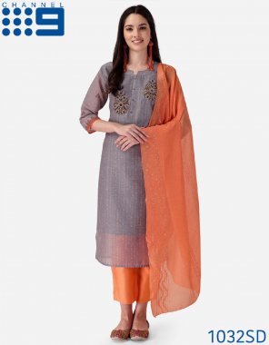 orange chanderi i embroidery and printed with crochet dupatta ( size set) fabric printed work work running  