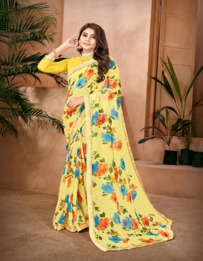 yellow georgette floral printed saree with unstitched blouse piece i saree- 5.50 m i blouse-0.80 m  fabric printed work  work running 